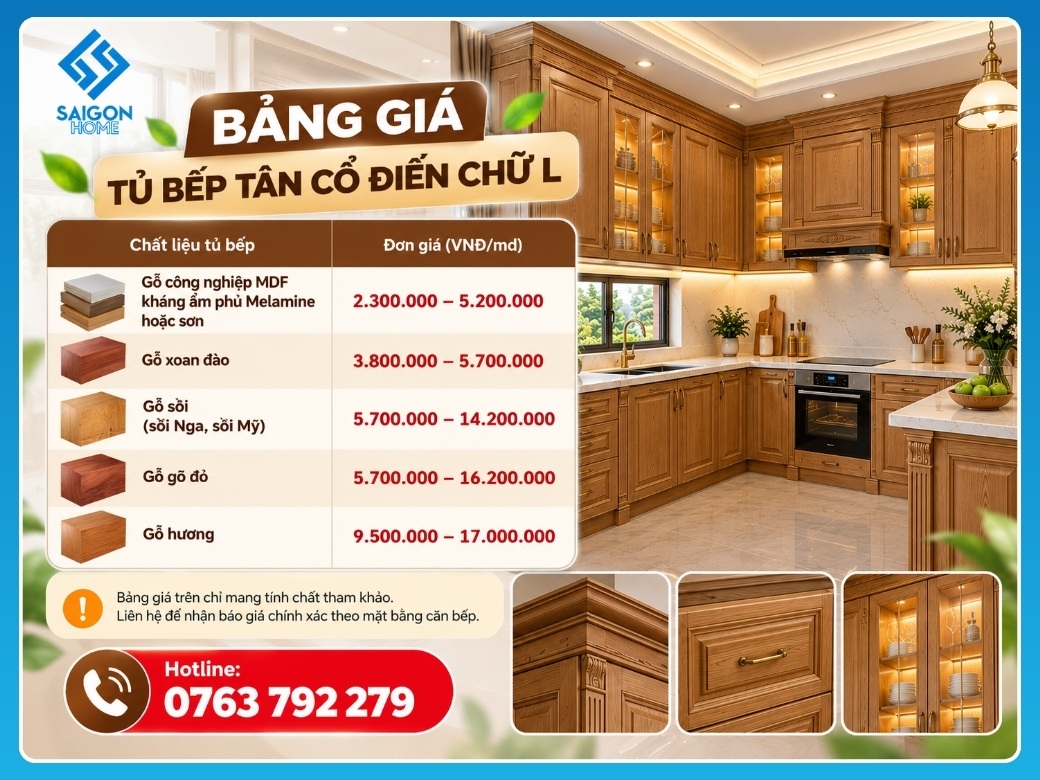 Tủ bếp tân cổ điển chữ L Bảng giá tủ bếp tân cổ điển chữ L mới nhất