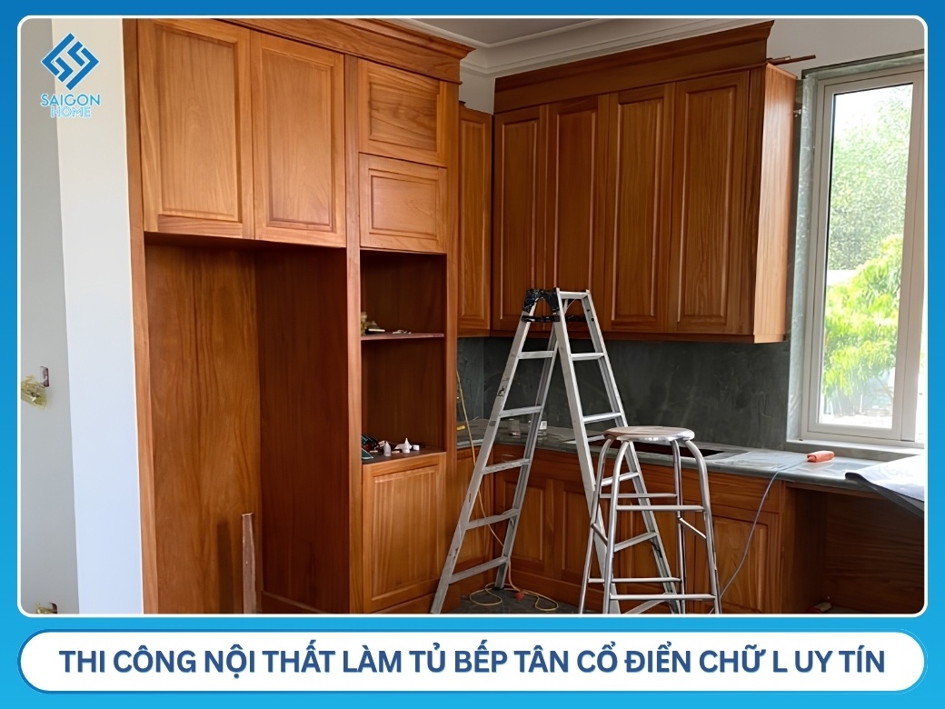 Tủ bếp tân cổ điển chữ L Công ty thiết kế và thi công nội thất tủ bếp tân cổ điển chữ L uy tín giá tốt tại TPHCM