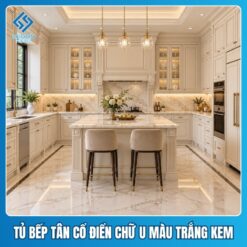 Tủ bếp tân cổ điển chữ U Tủ bếp tân cổ điển chữ U màu trắng kem