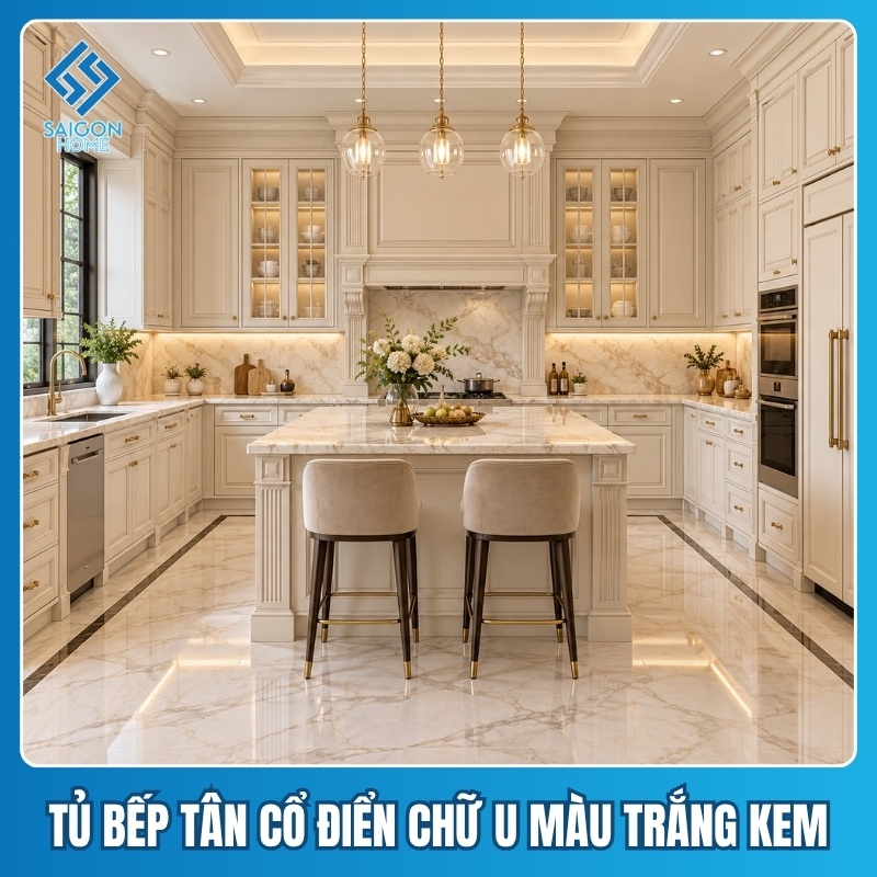 Tủ bếp tân cổ điển chữ U Tủ bếp tân cổ điển chữ U màu trắng kem