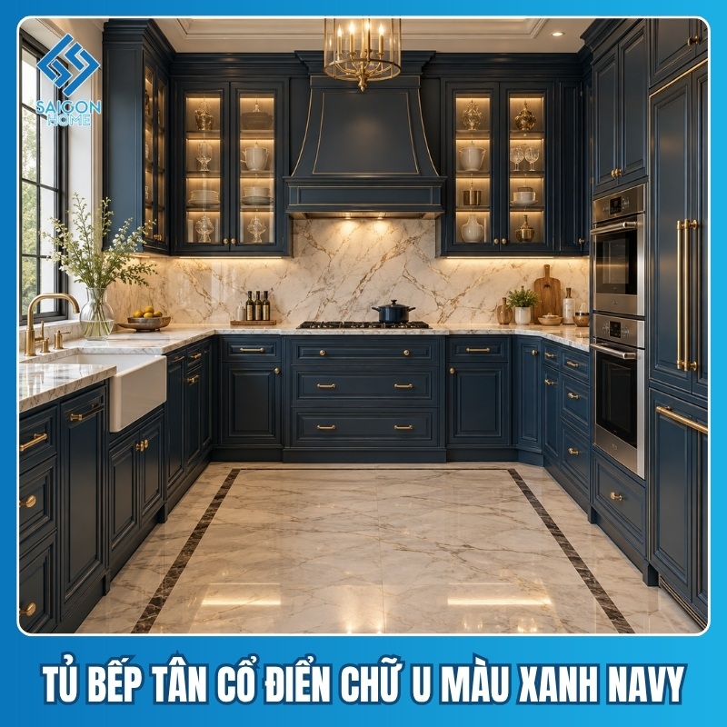 Tủ bếp tân cổ điển chữ U Tủ bếp tân cổ điển chữ U màu xanh navy