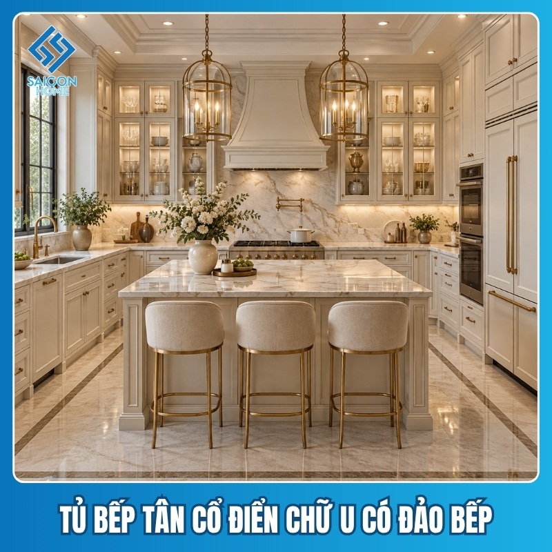 Tủ bếp tân cổ điển chữ U Tủ bếp tân cổ điển chữ U có đảo bếp