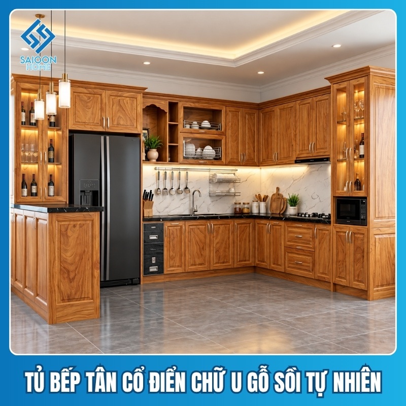 Tủ bếp tân cổ điển chữ U Tủ bếp tân cổ điển chữ U gỗ sồi màu tự nhiên