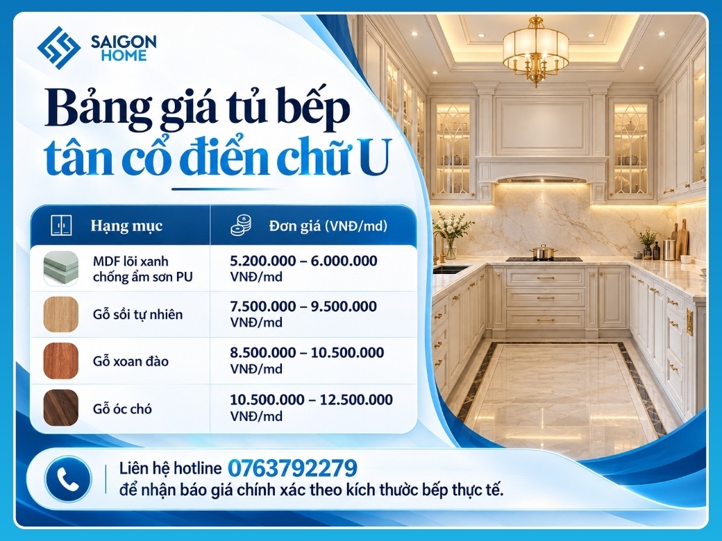 Tủ bếp tân cổ điển chữ U Bảng giá tủ bếp tân cổ điển chữ U mới nhất