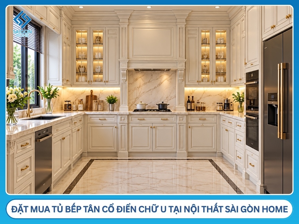 Tủ bếp tân cổ điển chữ U Vì sao nên đặt mua tủ bếp tân cổ điển chữ U tại Nội Thất Sài Gòn Home?