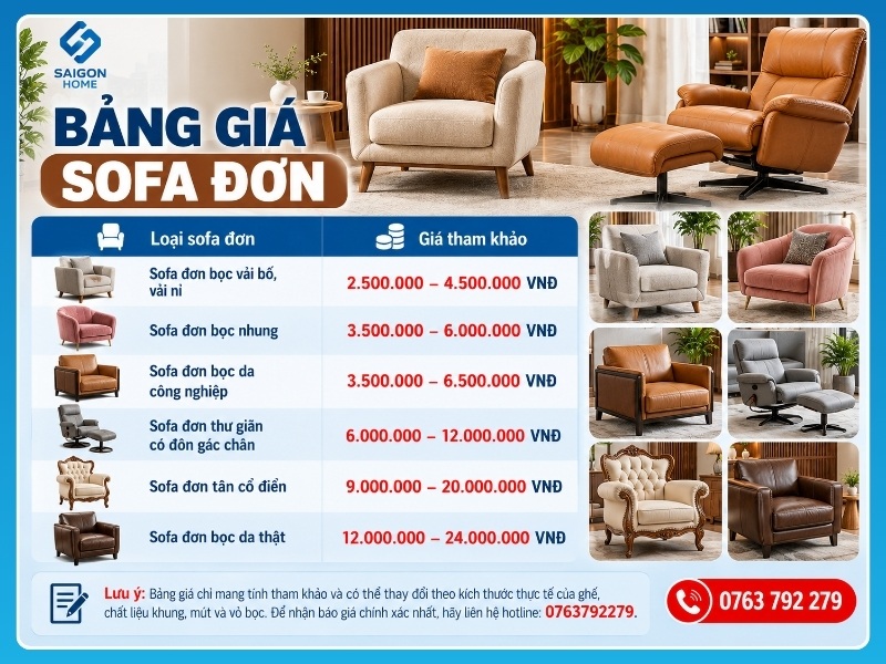 Bảng giá sofa đơn mới nhất
