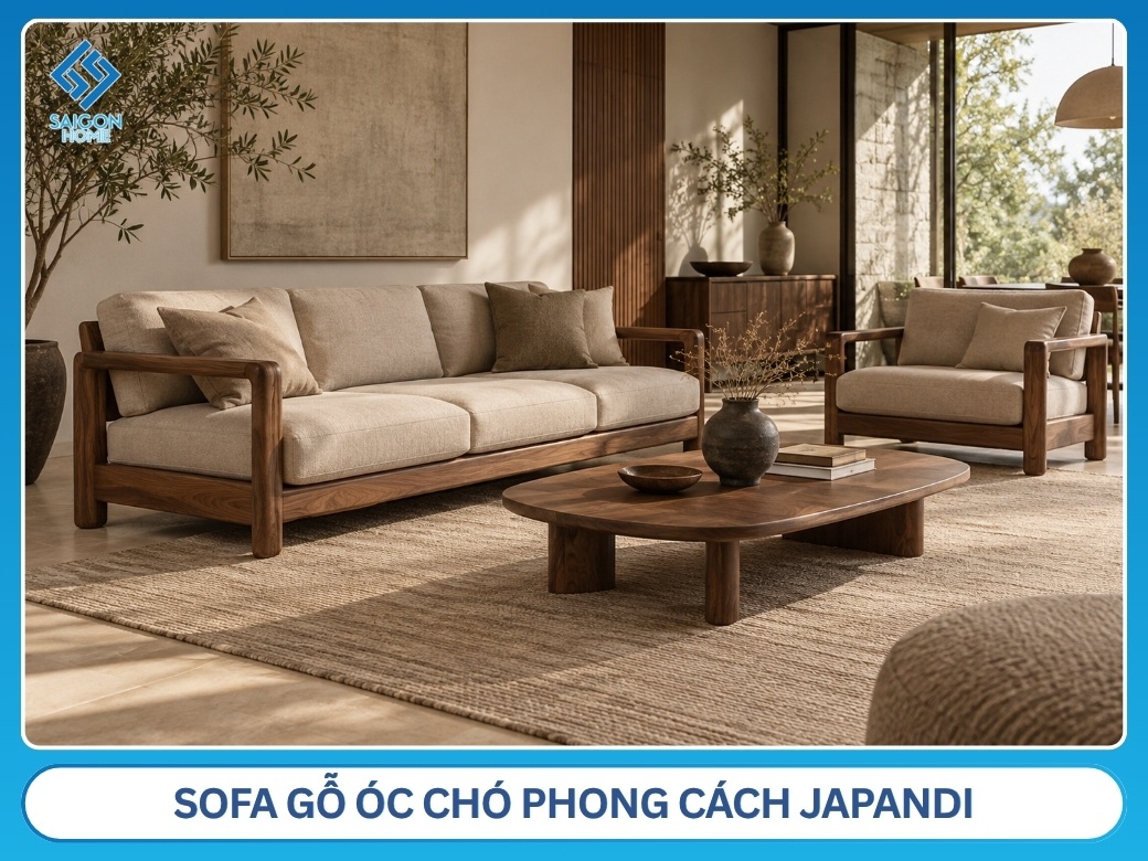 Sofa gỗ óc chó phong cách Japandi