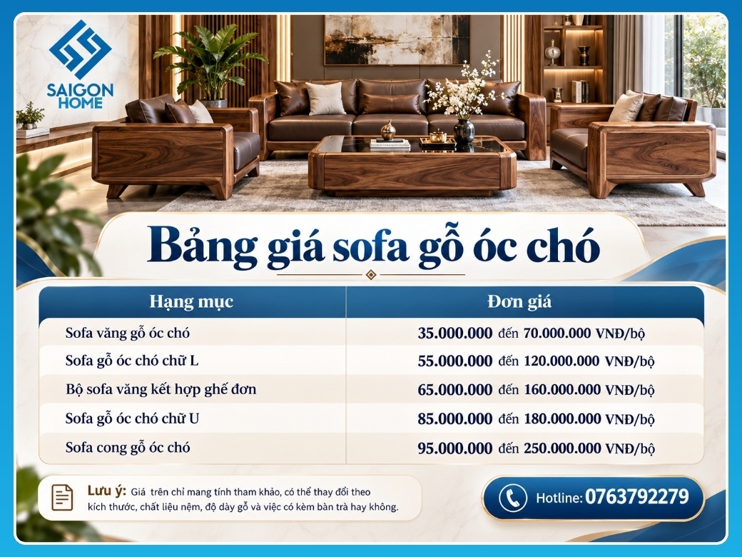 Bảng giá sofa gỗ óc chó tại Nội Thất Sài Gòn Home