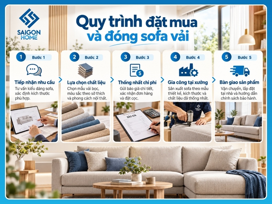 Quy trình 5 bước đặt mua và đóng sofa vải theo yêu cầu